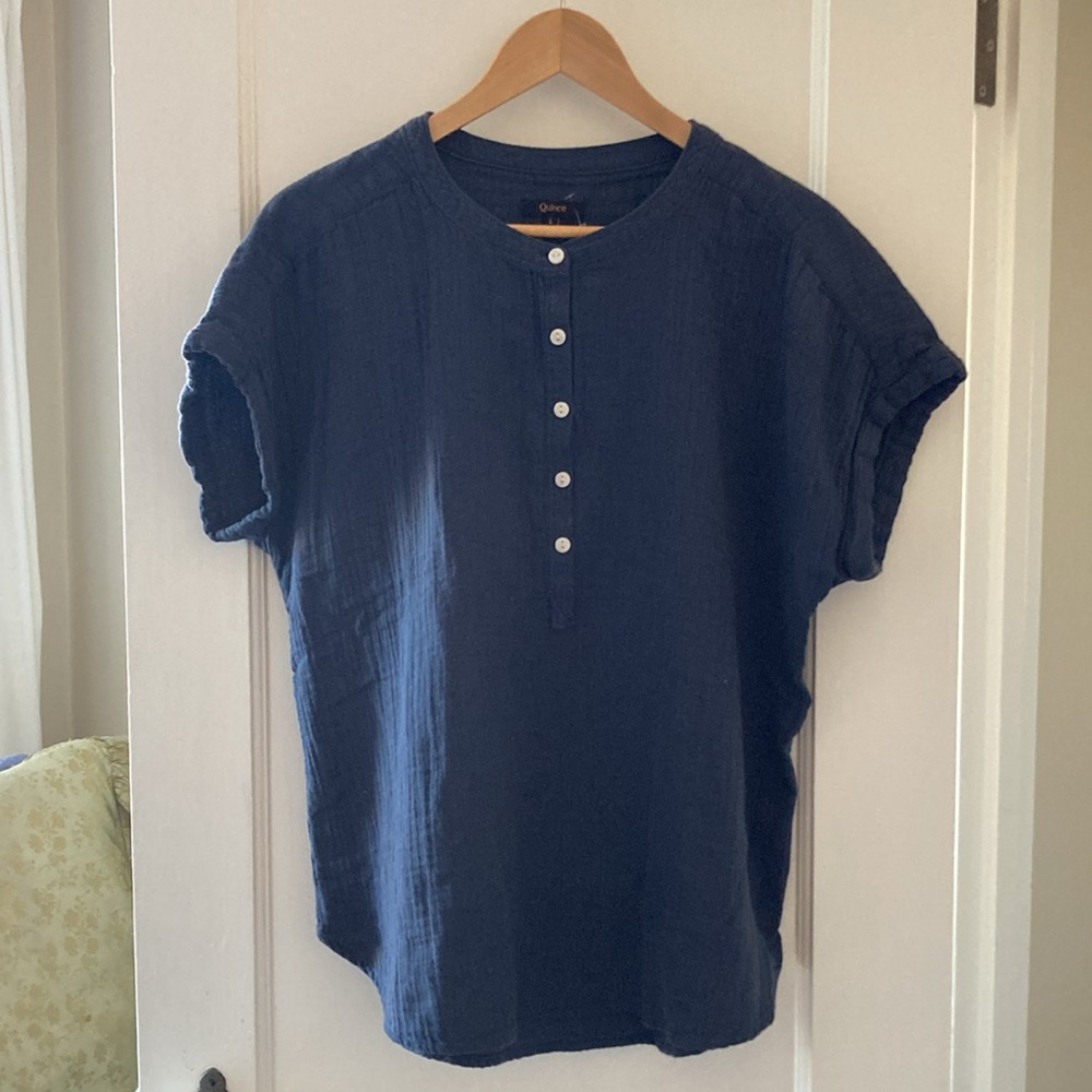 Quince Organic Cotton Gauze Roll Sleeve Shirt Blue - Large - Picture 4 of 8